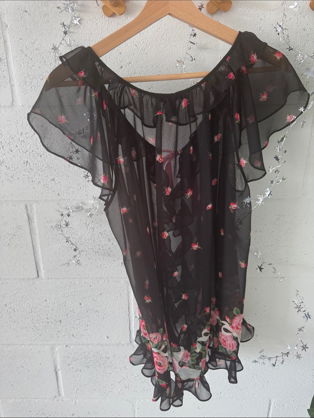 Tie front Black Sheer Blouse with Pink Rose Accents - Picture 4 of 4